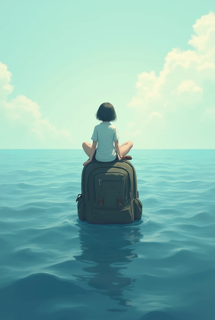 A backpack floating on the sea with a student on top