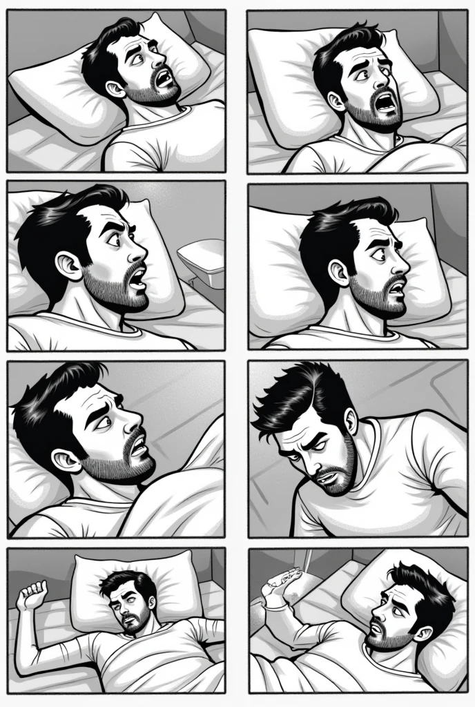 Couple sleeping in a bed wide angle and close up A man jumps sacred form his sleep and looking around in fear
Make a storyboard in black and white in 8 images panels for a movie