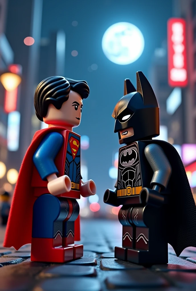 Superman and Batman in lego art, night
