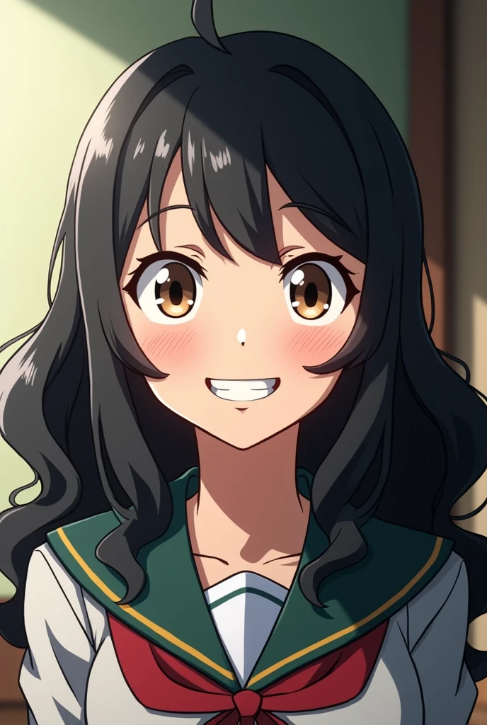 My hero academia screencap of a girl; long, black, wavy hair which are styled in layers, hair out of her face. Light caramel skin. Light brown eyes. Faint freckles above cheeks. Two beauty marks: one below her right eye and another on her right cheek. White, straight teeth, with defined canines. Grinning. And wearing the U.A uniform of my hero academia. My hero academia style.