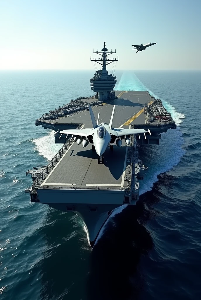 A modern aircraft carrier in the sea. A jet aricraft fighter is taking off from it. Very realistic