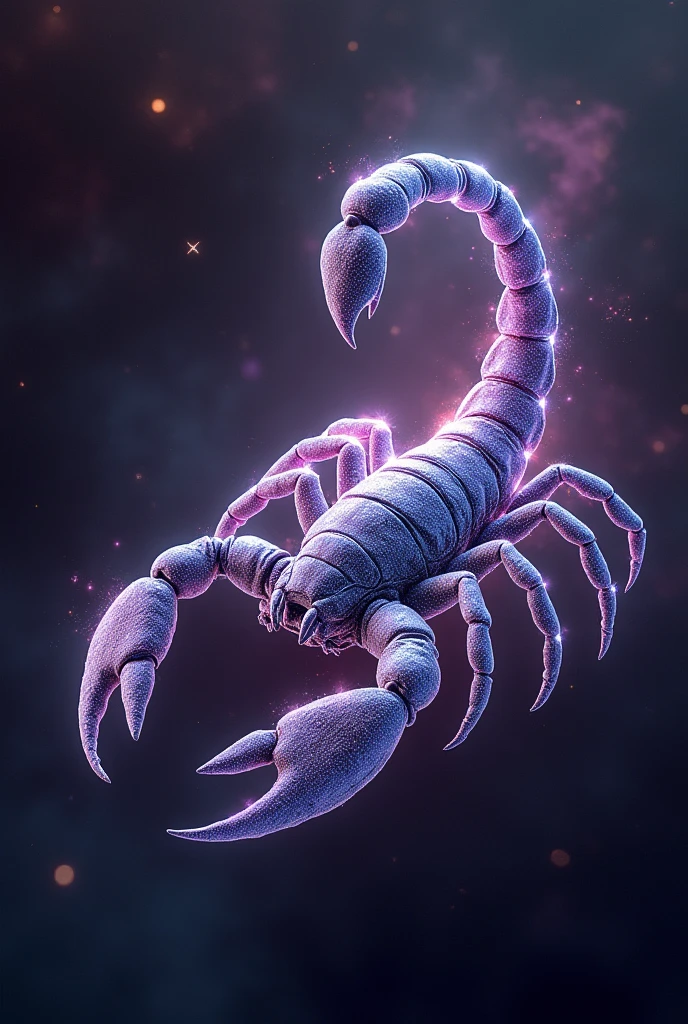 1. **Scorpio Symbol**: The Scorpio symbol is represented by a stylized scorpion, generally with a tail curved upwards. In a galactic style, draw the symbol with a deep and enigmatic glow effect, perhaps with the scorpion's tail and pincers made of starlight and cosmic dust.

2. **Colors and Style**: Use a color palette that includes shades of dark purple, blackw, deep red and metallic silver. The background should be a mysterious outer space, with dark nebulae and distant stars that create an intriguing and intense atmosphere.

3. **Additional Elements**: Add elements that reflect the intensity and depth of the sign. Include an ethereal scorpion made of starlight or cosmic dust, with a tail that seems to radiate dark and powerful energy. Incorporating elements such as exploding stars and mysterious constellation patterns around the scorpion can increase the dramatic effect.

4. **Texture and Effects**: Use textures that resemble the surface of an asteroid or the depths of space, with subtle sparkles and light effects to enhance the dark and intense atmosphere. Add cosmic radiation effects and shadows to highlight the enigmatic and transformative nature of Scorpio.