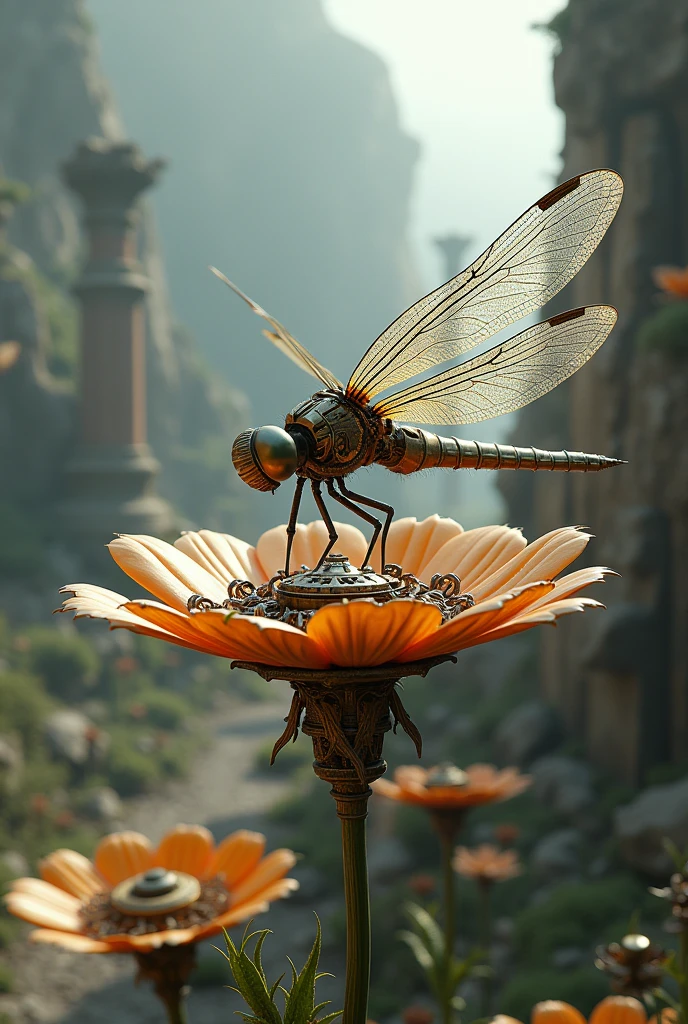 magic mechanical elegant dragonfly, ancient mechanism, fantasy art, ancient civilization, sitting on the beautiful mechanical flower