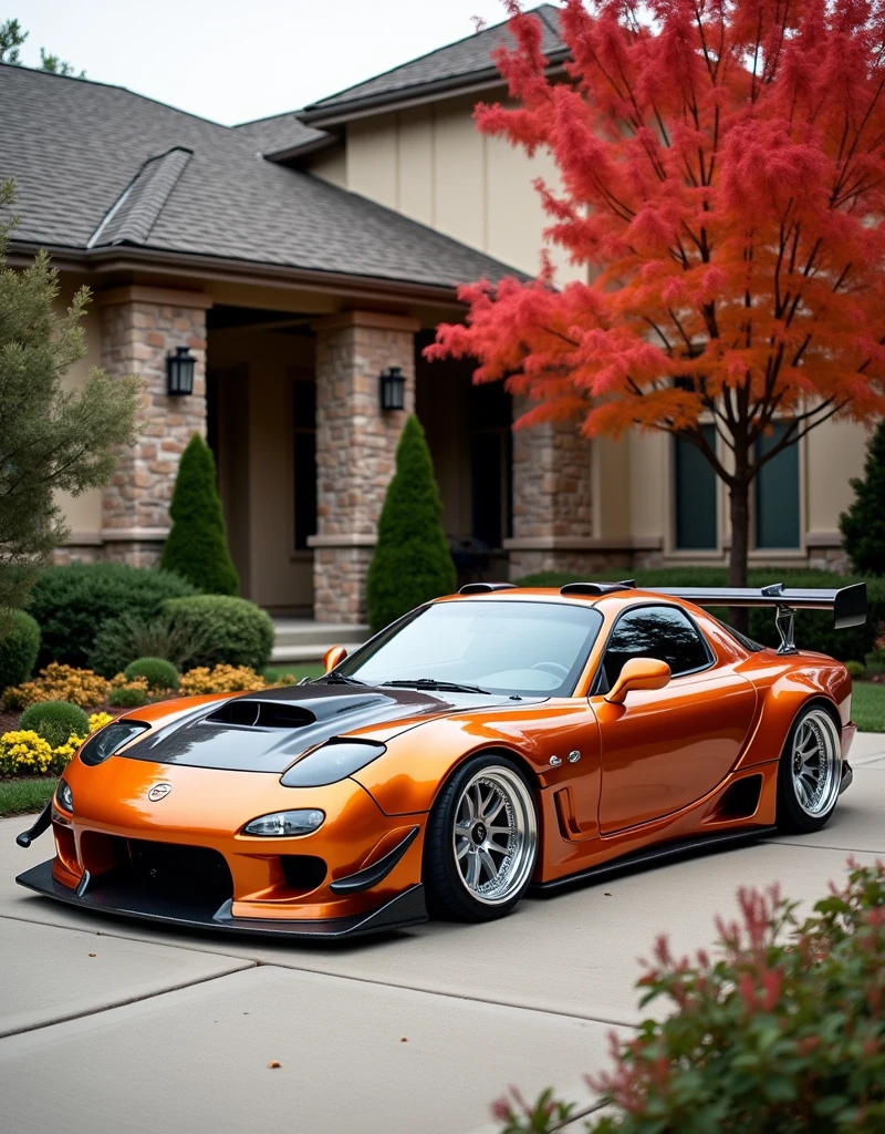 A pristine, vibrant metallic orange Mazda RX-7 sports car with custom modifications, glistening in the afternoon sunlight, parked in the driveway of a serene suburban home with beige siding, complemented by rustic stone accents and surrounded by a picturesque landscape of lush green and fiery red fall foliage. The sports car boasts an aggressive aerodynamic wide body kit, a large rear spoiler, and silver multi-spoke rims with low-profile tires, showcasing custom suspension and exposed carbon fiber accents that enhance its menacing stance. The sleek design is further accentuated by a carbon fiber front splitter, vented side skirts, and a prominent rear diffuser. The black alloy wheels feature subtle machined lips, and the sizable rear wing adds to the overall GT-inspired style, which is reflected in the surrounding built and natural elements. The driveway and neighborhood setting provide a tranquil context for the customized vehicle, exuding a sense of pride and luxury in a suburban environment.