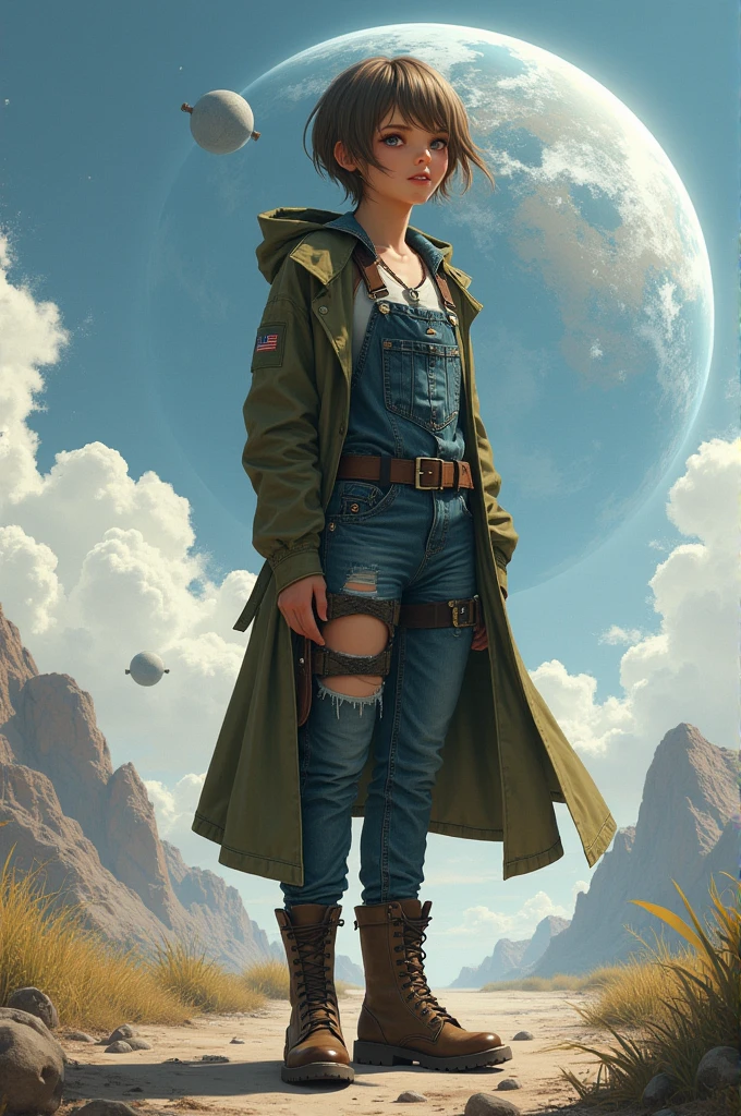 ((Best Quality)), ((masterpiece)), (detailed), (original), (realist), Short hair girl, backwards, whole body, jeans pants with straps, jumpsuit, long coat over dress, Boots, survivor, over the moon, military base, earth planet background, background satellites