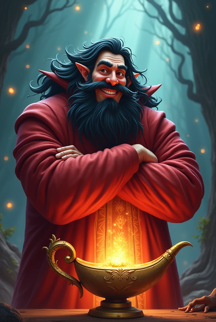 a genius coming out of his magic lamp , He has a pointy, long beard, very dark hair , with a slightly evil look and a smile, arms crossed and his hues are reddish orange and red, 3D cartoon style
