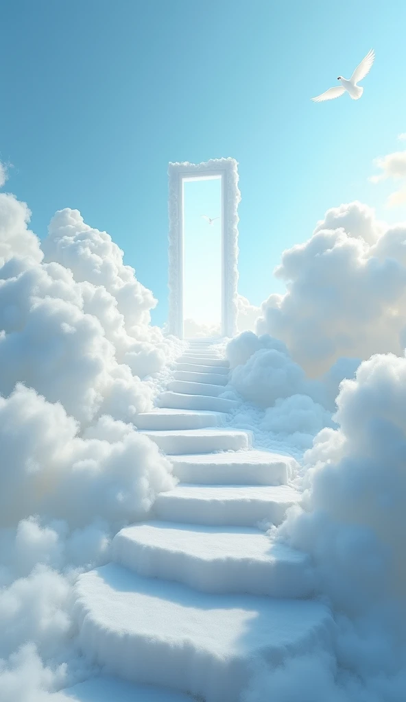 White:A beautiful ethereal landscape, a long white cloud staircase leading to a door in a quiet blue sky, fluffy soft white clouds, like a dream, fantastic, (best quality, 4K,8K, high resolution, Masterpiece :1.2), very detailed, (practical, photoppractical, Photo practical :1.37), landscape, fantasy, Dramatic lighting, bright colors, quiet, calming, calming, ethereal atmosphere