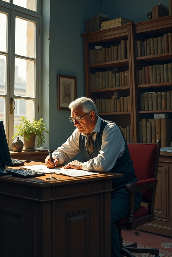 Un homme qui a la cinquantaine dans un vieux bureau