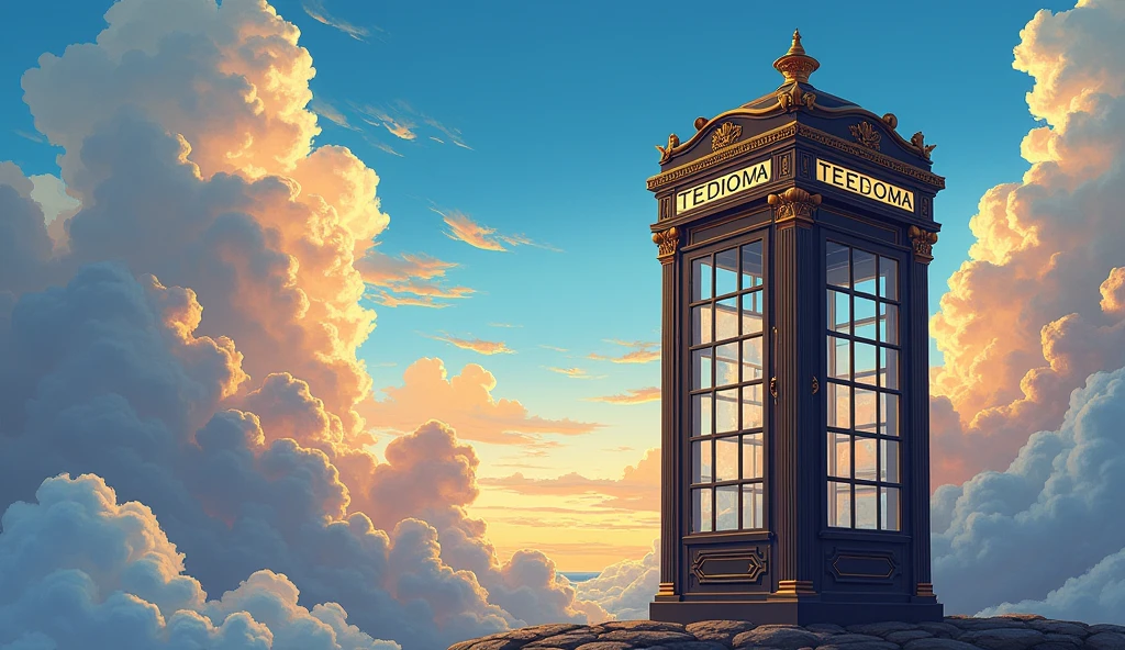 Image generated of a telephone booth with a sky background, Promotional Art BBC, by Wayne England, Fantastical telephone booth, positioned on the right side, Written on top of the booth TEDOMA, fancy, 3840x2160, 3840 x 2160, por Derek Hill, Dr. Quem, por Jason Benjamin