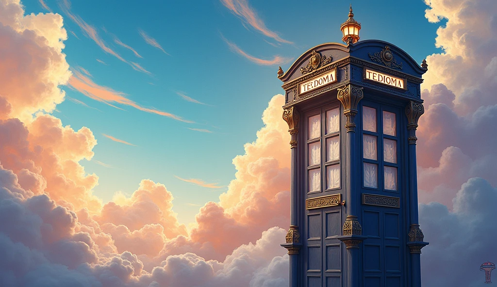 Image generated of a telephone booth with a sky background, Promotional Art BBC, by Wayne England, Fantastical telephone booth, positioned on the right side, Written on top of the booth TEDOMA, fancy, 3840x2160, 3840 x 2160, por Derek Hill, Dr. Quem, por Jason Benjamin