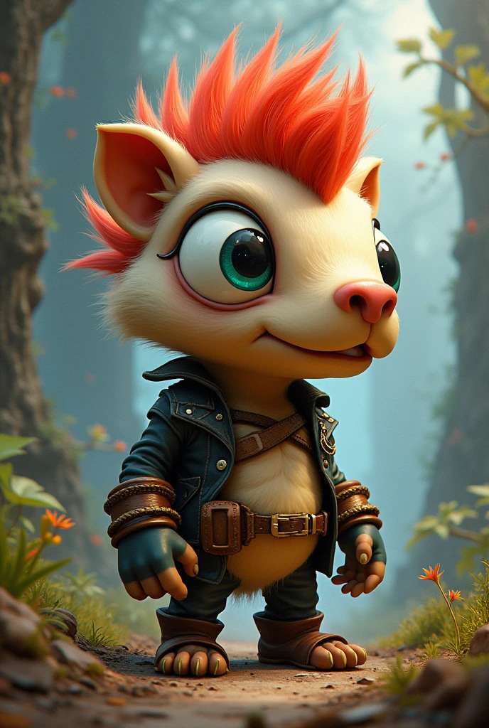 Gnome crossbreeding with a punk mohawk capybara with a bulging eye like Woody Woodpecker's