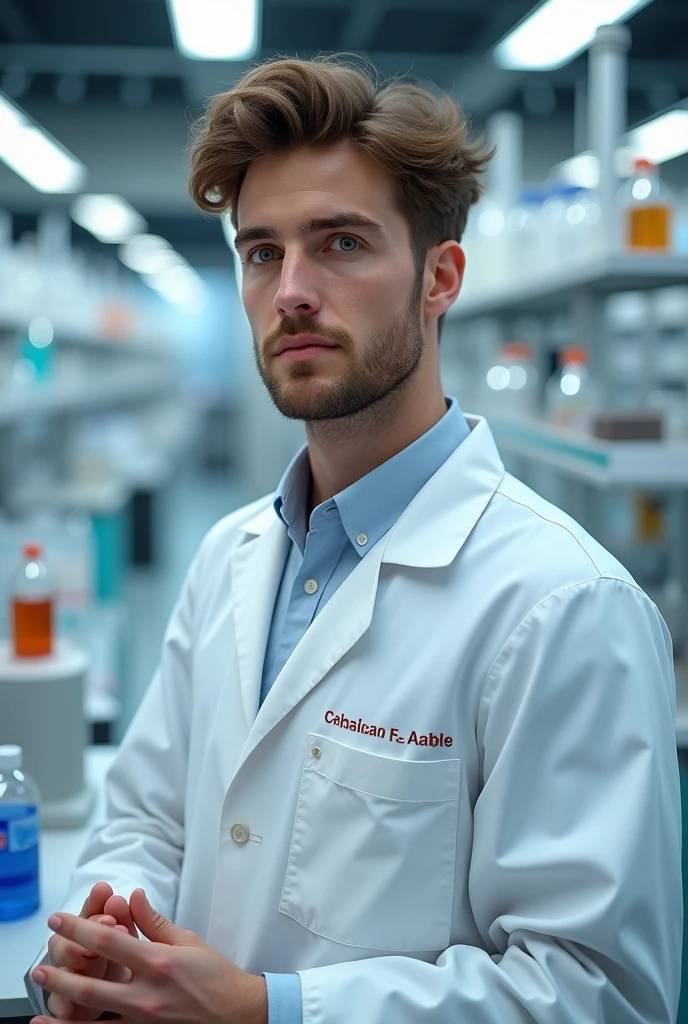 A young, white, clean-shaven man with messy brown hair wearing a biomedical lab coat.
