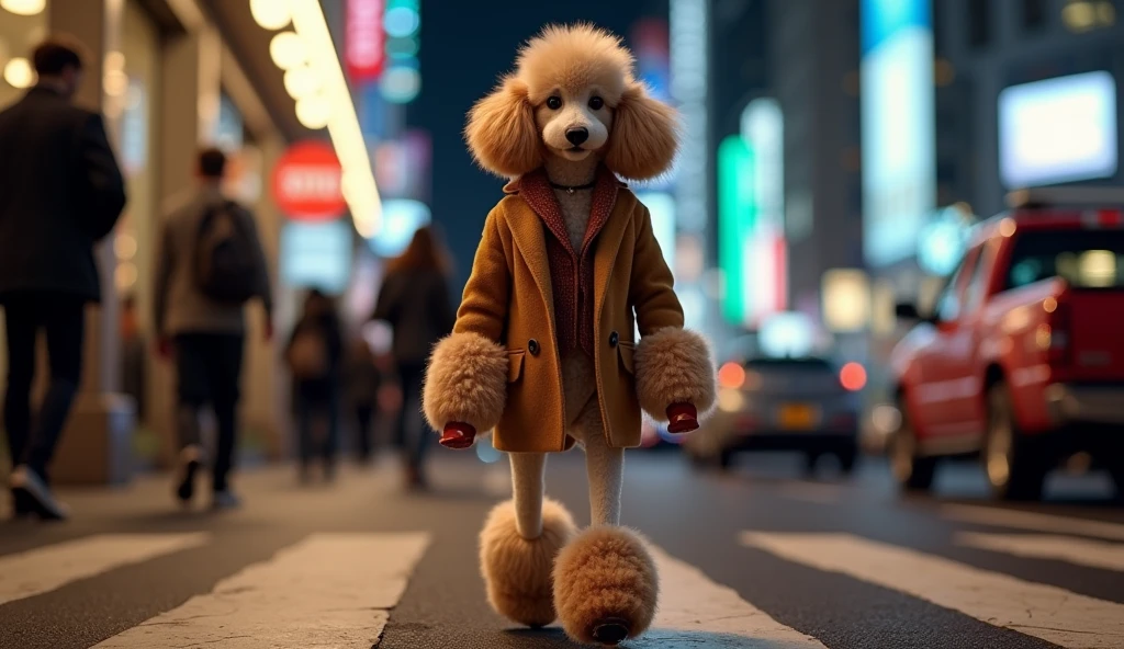 Create a realistic, detailed Poodle dog walking like a human, its hands are ultra-realistic dog paws in 8k. It's a model wearing fashionable clothes in a night environment filled with humans and cars.