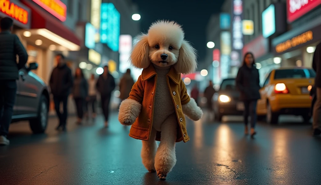 Create a realistic, detailed Poodle dog walking like a human, its hands are ultra-realistic dog paws in 8k. It's a model wearing fashionable clothes in a night environment filled with humans and cars.