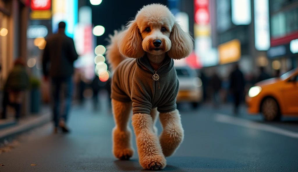Create a realistic, detailed Poodle dog walking like a human, its hands are ultra-realistic dog paws in 8k. It's a model wearing fashionable clothes in a night environment filled with humans and cars.
