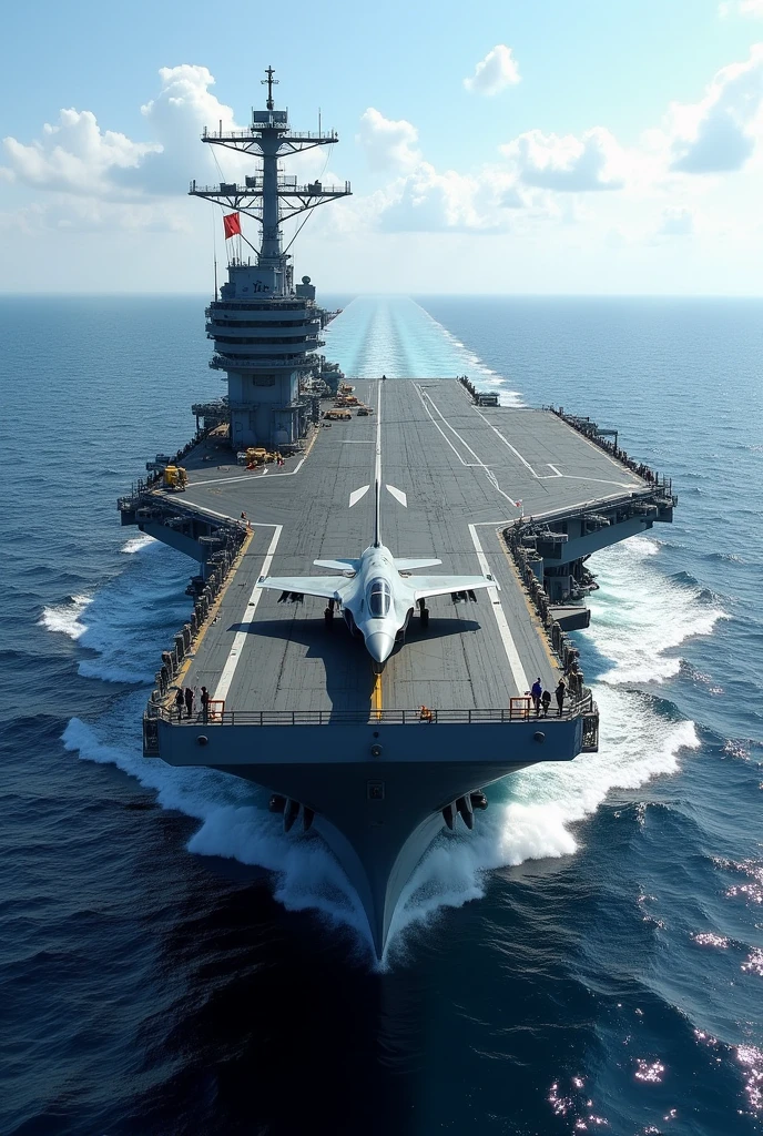 A modern aircraft carrier in the sea. A jet aricraft fighter is taking off from it. Very realistic