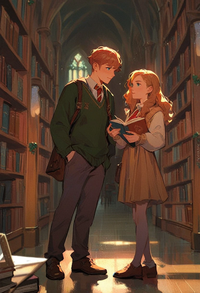 ron weasley and hermione granger, looking at each other, holding book, modern outfit, library hogwarts