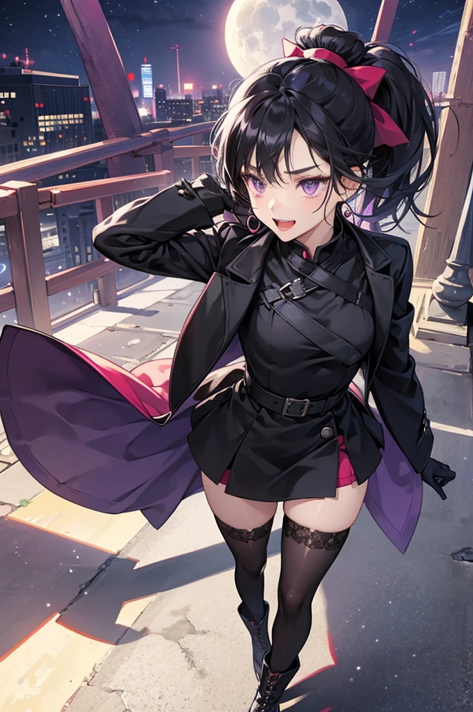 Anime Art、City Roads、Full body portrait、Modern street killer、Moonlit Ruins、Slim woman, height: about. 155cm, Around 15 years old, Wearing a black mini dress, Holding a baseball bat and swinging it、Black over-the-knee socks、Ponytail Hairstyles、The eyes are covered by the bangs、Black Hair、Wearing a red hat、Open your mouth, Intimidating smile、Purple eyes、gloves、stockings、boots、She has silver earrings.