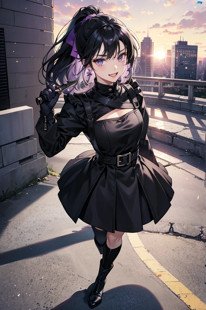 Anime Art、City Roads、Full body portrait、Modern street killer、Moonlit Ruins、Slim woman, height: about. 155cm, Around 15 years old, Wearing a black mini dress, Holding a baseball bat and swinging it、Black over-the-knee socks、Ponytail Hairstyles、The eyes are covered by the bangs、Black Hair、Wearing a red hat、Open your mouth, Intimidating smile、Purple eyes、gloves、stockings、boots、She has silver earrings.