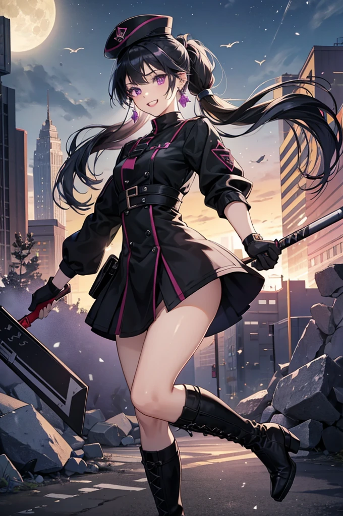 Anime Art、City Roads、Full body portrait、Modern street killer、Moonlit Ruins、Slim woman, height: about. 155cm, Around 15 years old, Wearing a black mini dress, Holding a baseball bat and swinging it、Black over-the-knee socks、Ponytail Hairstyles、The eyes are covered by the bangs、Black Hair、Wearing a red hat、Open your mouth, Intimidating smile、Purple eyes、gloves、stockings、boots、She has silver earrings.