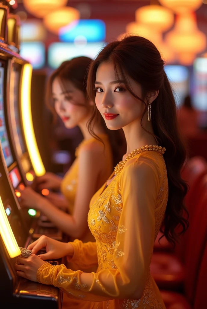 ="Slot Gambling, Cute Asian Girls, Interesting Play and Wear "gold" Color Clothes"
