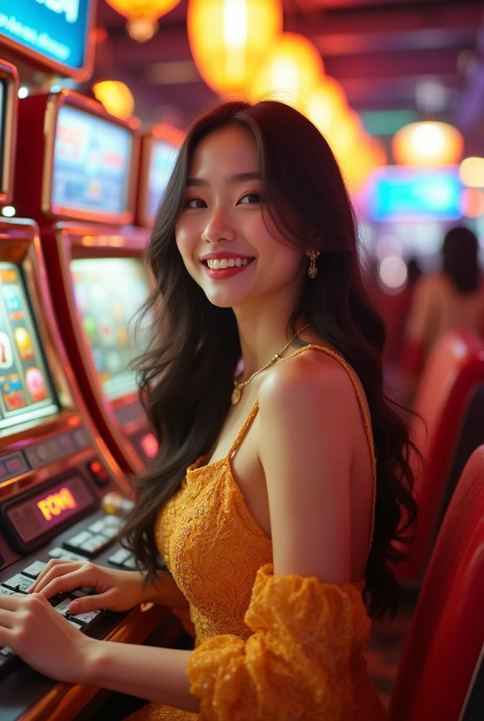 ="Slot Gambling, Cute Asian Girls, Interesting Play and Wear "gold" Color Clothes"
