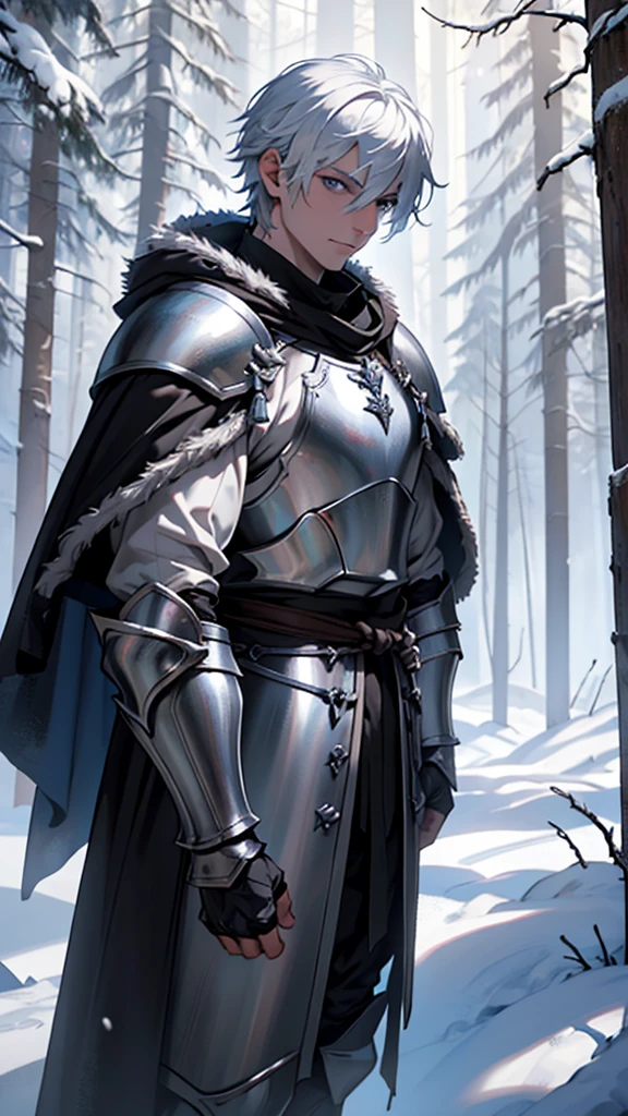 Fantasy, Middle Ages, Strong warrior with short hair, white steel armor, White skin, .The man has steel armor and a fur cloak and Mythical longsword beside his body.... Mascara around the eyes, shadows under the eyes, Male in his 30s, It's very serious............., Background with: Ruins in the forest in front of the snow-covered castle