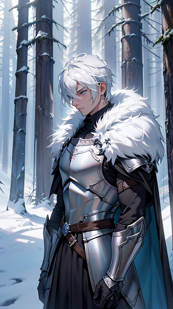 Fantasy, Middle Ages, Strong warrior with short hair, white steel armor, White skin, .The man has steel armor and a fur cloak and Mythical longsword beside his body.... Mascara around the eyes, shadows under the eyes, Male in his 30s, It's very serious............., Background with: Ruins in the forest in front of the snow-covered castle