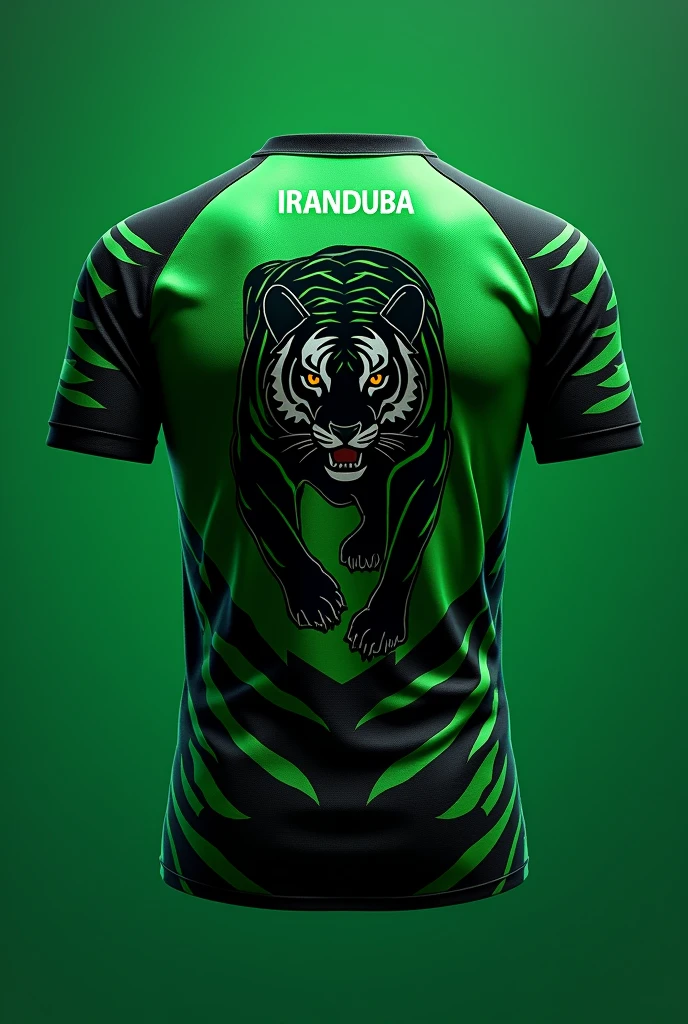 Make me a black and green team shirt with a tiger on the back and the player's name on top with the Iranduba symbol on the front.