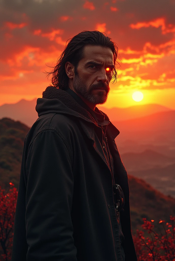 A one-eyed man, with the background of a sunset on a hill
