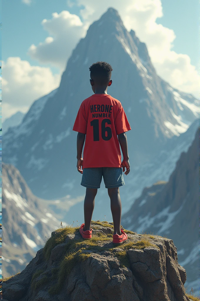 An African boy standing on top of the mountain wearing a red shirt behind named Adolf heroin number 16 when down is a crowd of girls