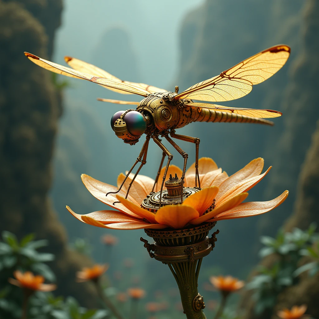 magic mechanical elegant dragonfly, ancient mechanism, fantasy art, ancient civilization, sitting on the beautiful mechanical flower
