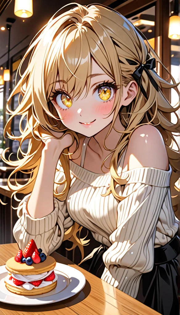 masterpiece, absurdres, best quality, ultra detailed, high Resolution, detailed illustration, extremely beautiful detailed face and eyes, bright colour, 1girl, cute face, Delicate beautiful face, yellow eyes, cute eyes, sparkling eyes, big eyes, medium breasts, (perky breasts:1.1), (pointy breasts:1.1), medium hips, glamorous body, white skin, smile, BREAK, lon, (blonde hair:0.8), messy hair, detailed hair, shiny hair, BREAK off shoulder sweater, long skirt, tiny ribbon, restaurant, shortcake, real world, natural lights, perfect lighting,