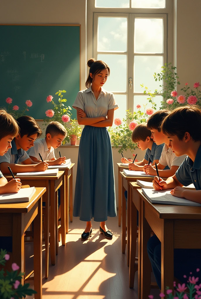Quality first,Masterpiece in detail,A teacher,several students,Write and read,in the classroom,fresh flowers,Rich in Color