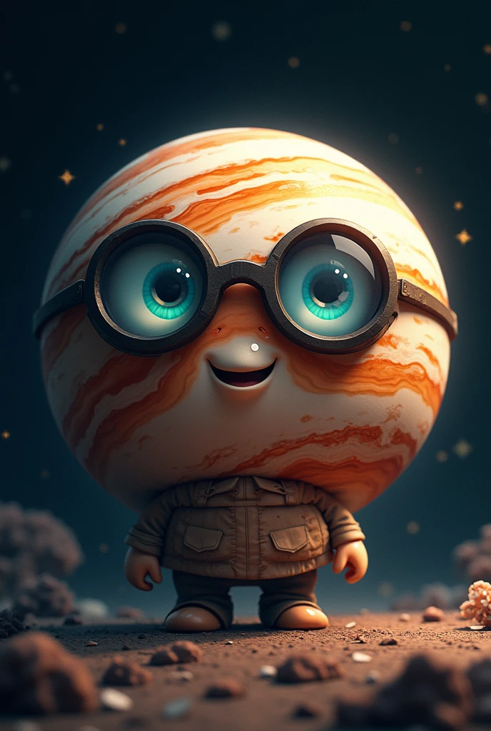 A planet with glasses, as if it were a character without human parts, a Jupiter