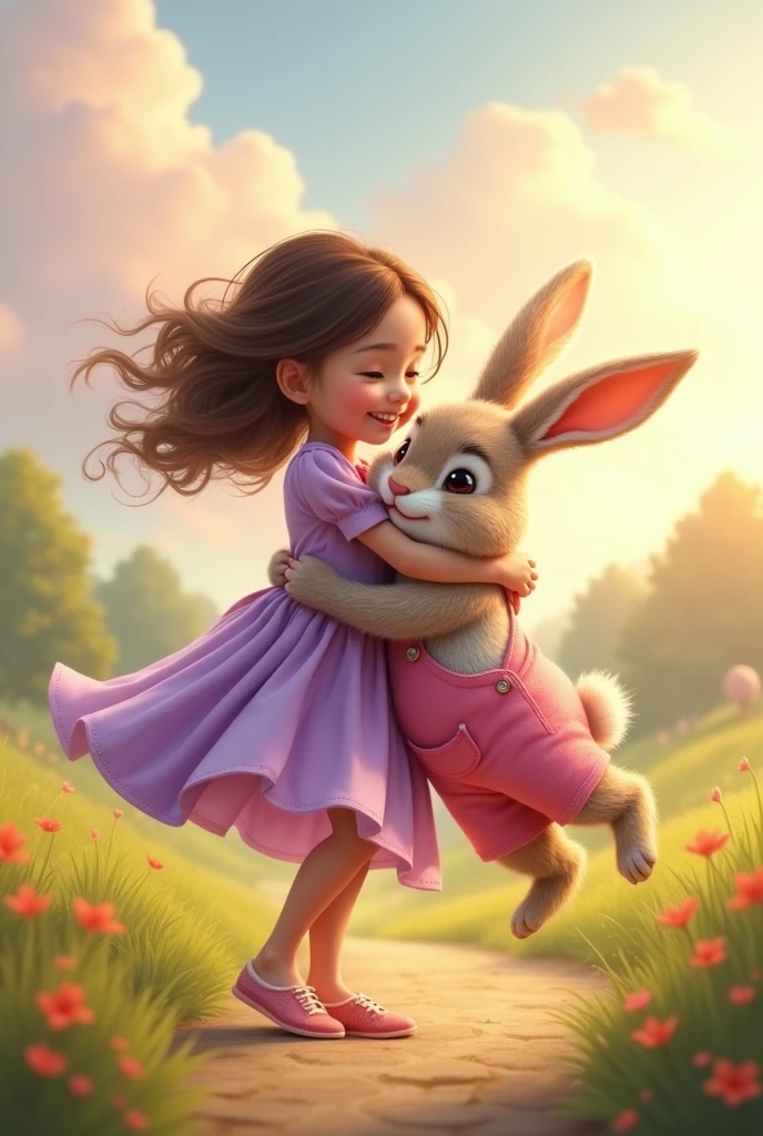 one (10 year old child) wearing a purple, twirling dress, hugging a rabbit wearing pink overalls