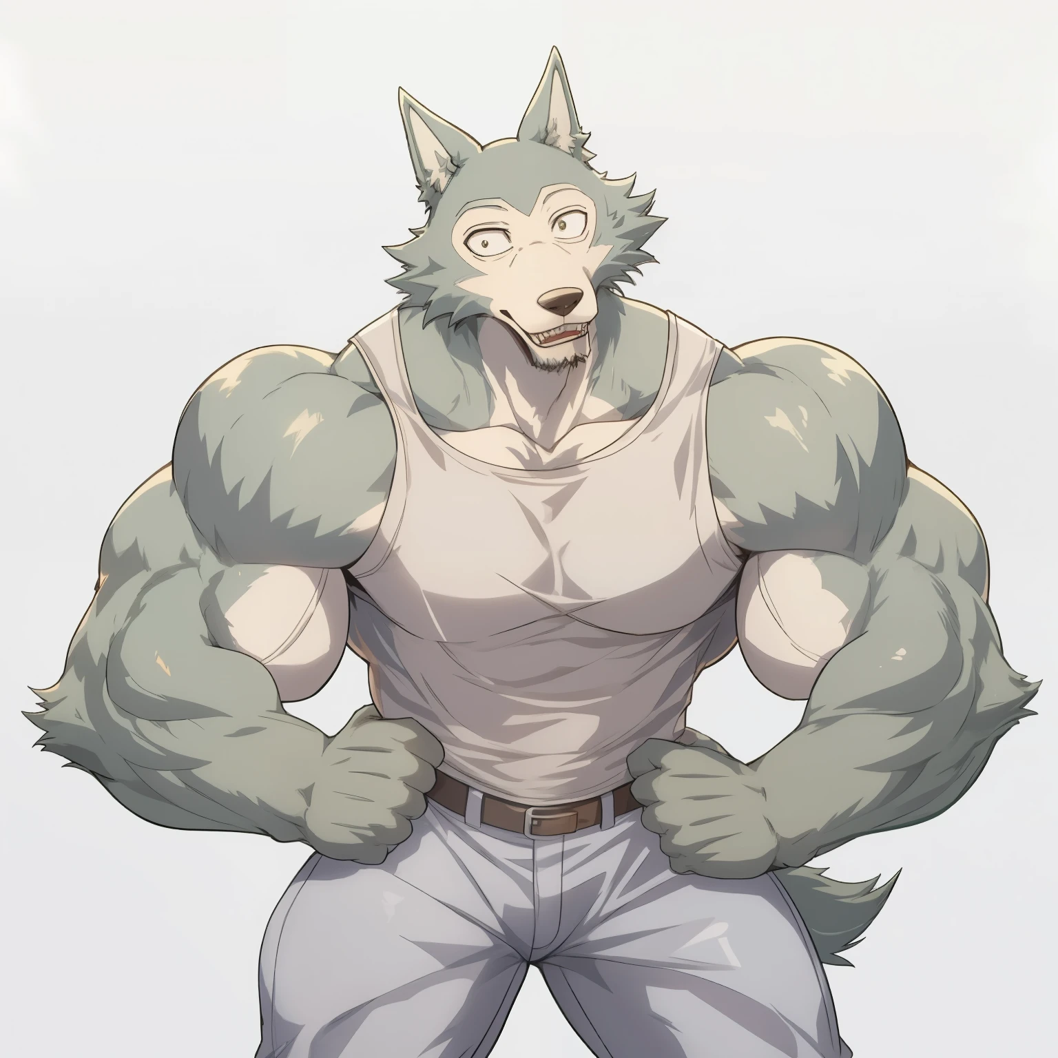 Legoshi, beastars, muscular, body-builder, lobo, the second, large pectorals, venous muscles, Huge muscles, thin waist, tight black t-shirt, flexing, wearing jeans, smiling