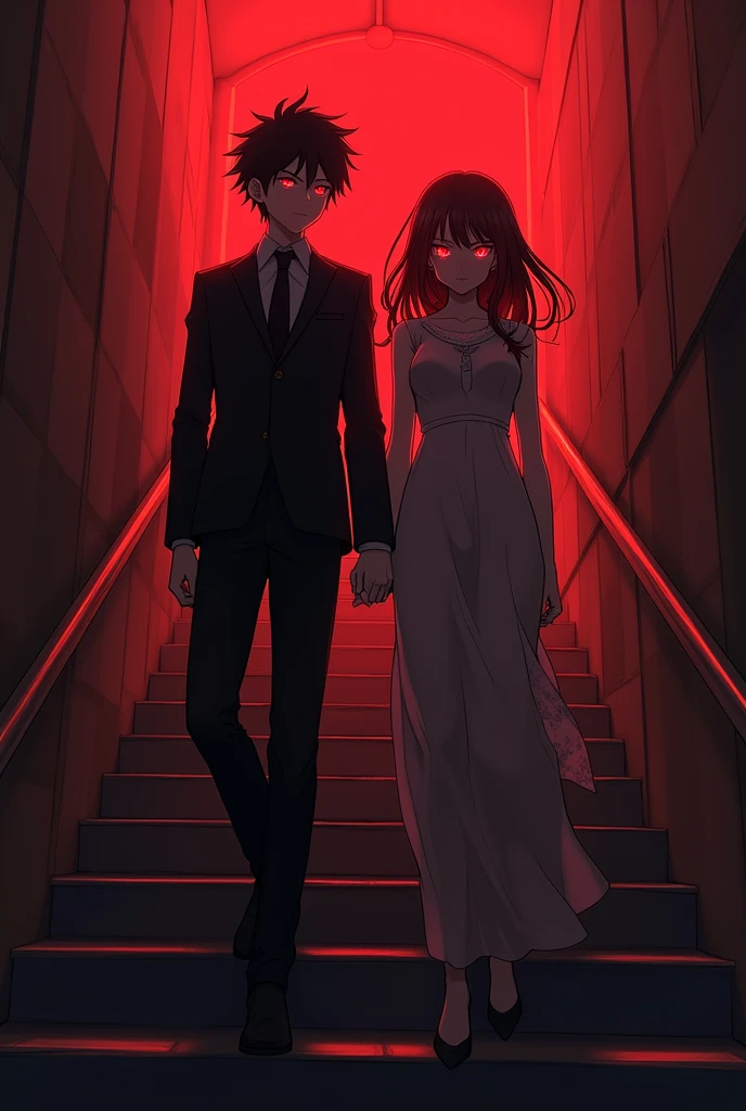 Anime couple dark red hair shining red eyes stairs at us