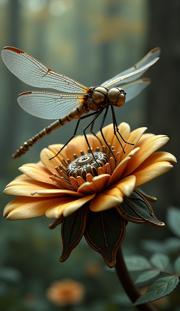 magic mechanical elegant dragonfly, ancient mechanism, fantasy art, ancient civilization, sitting on the ancient mechanical flower