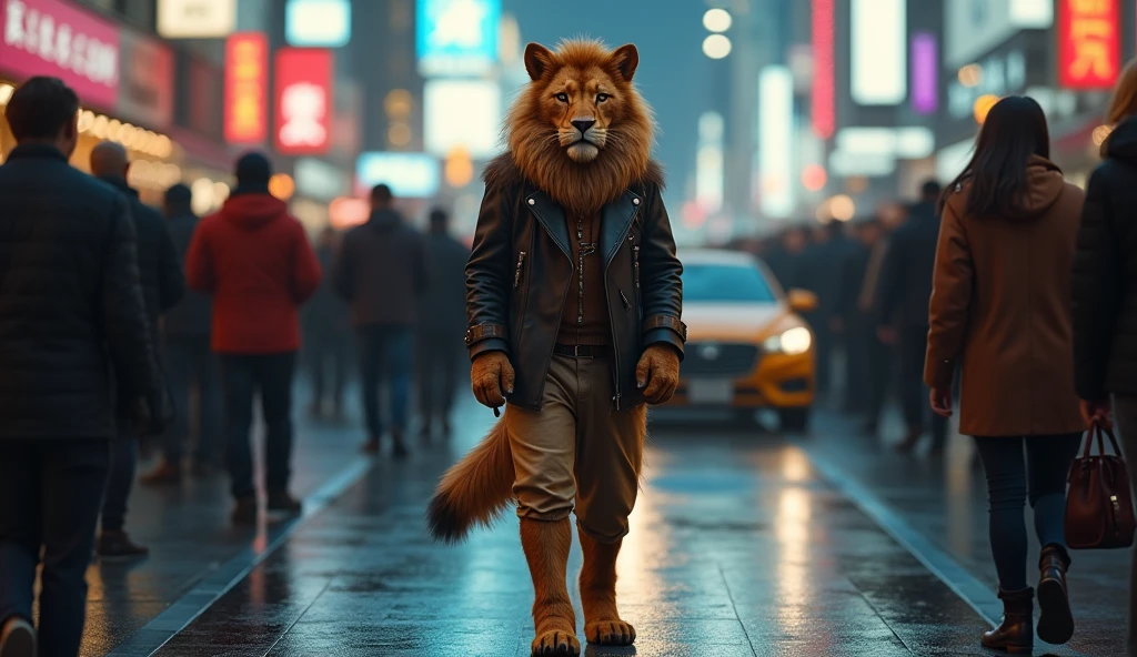 Create a realistic lion dog with perfect details walking like a human, its hands are ultra-realistic dog paws in 8k. It's a model wearing fashionable clothes in a night environment filled with humans and cars.