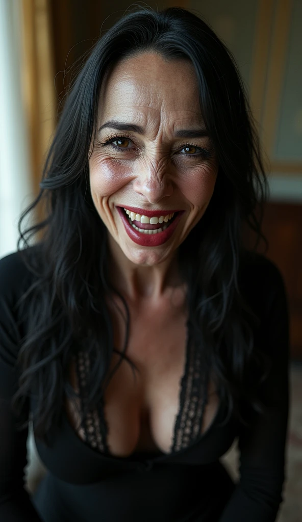 Female dominatrix aged 60, thin very white wrinkles, fully body pose, smiling showing teeth, heavy makeup with long black hair and black eyes looking at the camera, detailed photo, realistic lighting, top quality real skin: 1.4, Enhanced cinematic lighting: 0.9,hyperrealisti: 1.4, (soft lighting: 1.05) moving figure, sexy dominant pose, domination, mistress, BDSM