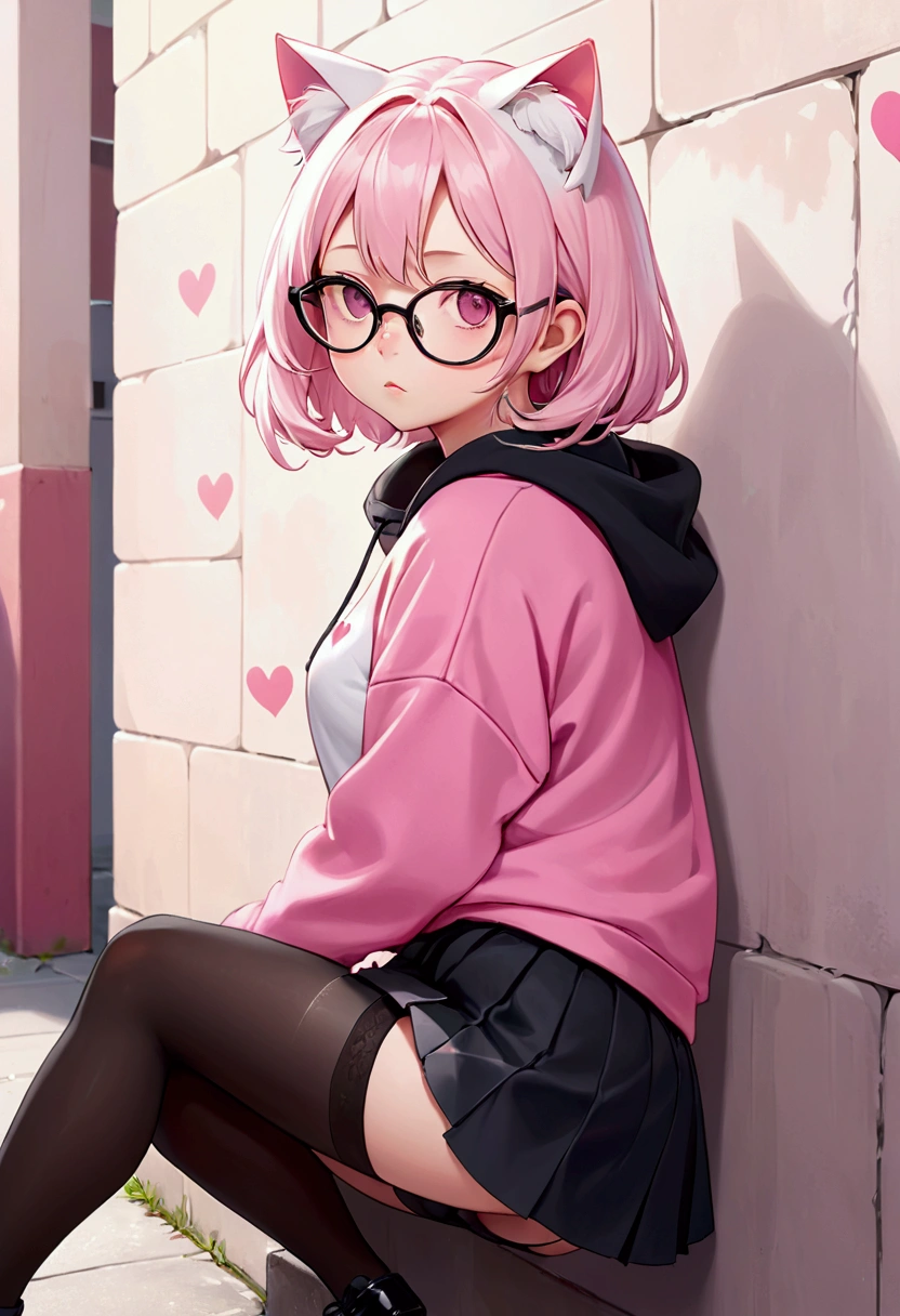I have white pink hair, cat ears, A good, My face is super flushed, black glasses, pink heart eyes, a big pink sweatshirt, a black skirt, black stockings, White shoes, A cat&#39;cola, A woman. very shy that is stuck to a wall with her butt