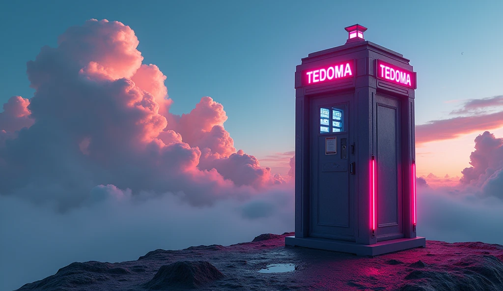 Image generated of a telephone booth with a sky background, Promotional Art BBC, by Wayne England, futuristic telephone booth, positioned on the right side, Written on top of the booth TEDOMA, cyberpunk, 3840x2160, 3840 x 2160, por Derek Hill, Dr. Quem, por Jason Benjamin