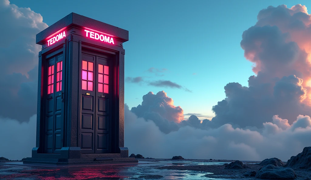 Image generated of a telephone booth with a sky background, Promotional Art BBC, by Wayne England, futuristic telephone booth, positioned on the right side, Written on top of the booth TEDOMA, cyberpunk, 3840x2160, 3840 x 2160, por Derek Hill, Dr. Quem, por Jason Benjamin