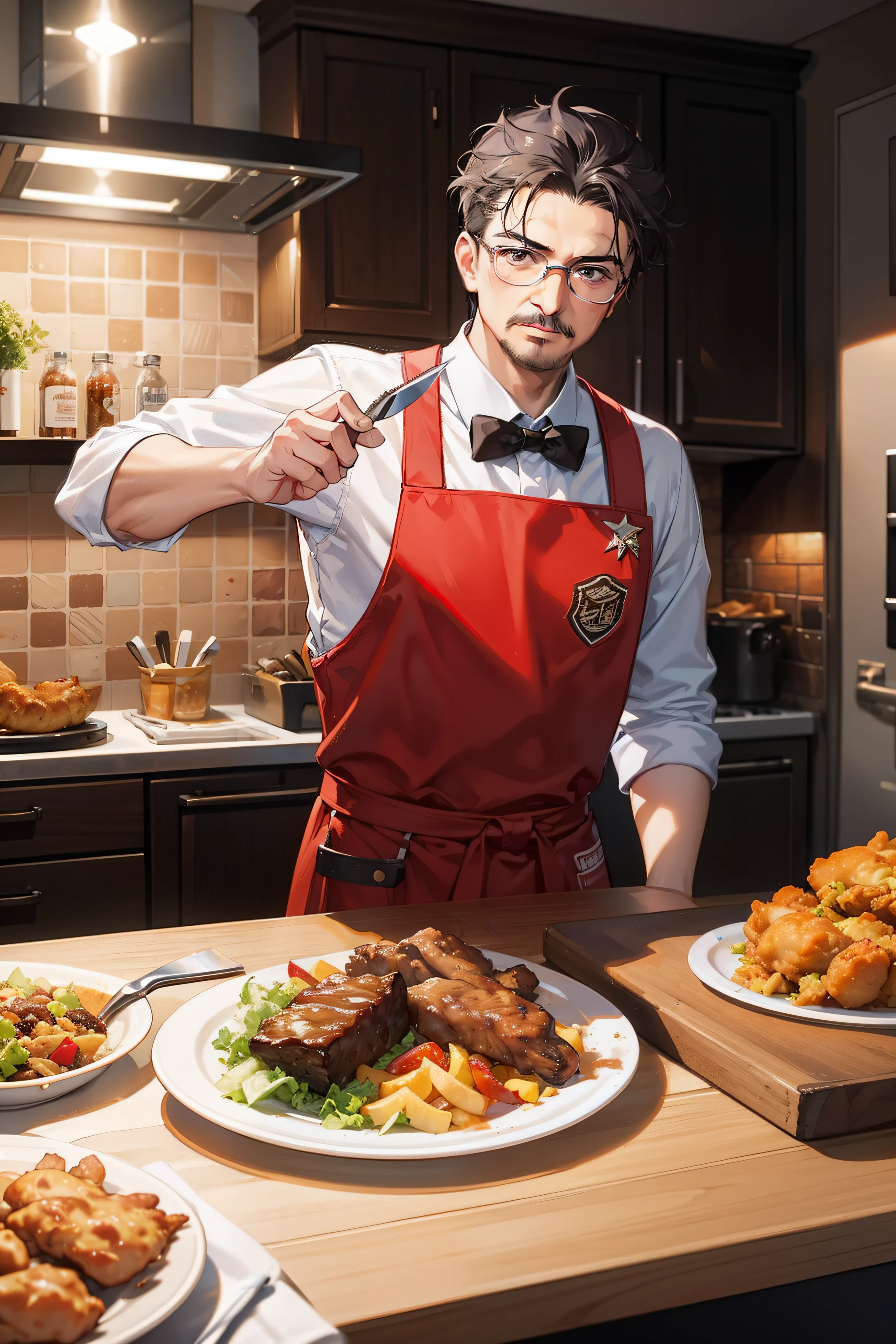 Masterpiece artwork，super high image quality，Middle-aged Trotsky，In a restaurant kitchen，kitchen knife in right hand，Beef cut，There are also hamburger patties on the table、fried chicken，bust photo