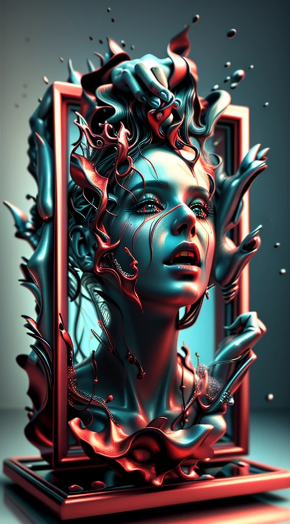 um close up de uma escultura de uma mulher com um rosto em uma moldura, arte surreal de horror, Arte 3D digital detalhada, arte sombria surreal, detailed 3d gothic oil painting, arte surreal sombria, derretimento do rosto, arte digital 4k inquietante, Arte digital alucinante, horrific digital art, 3d renderizar arte digital, dramatic artwork, Arte digital surrealista