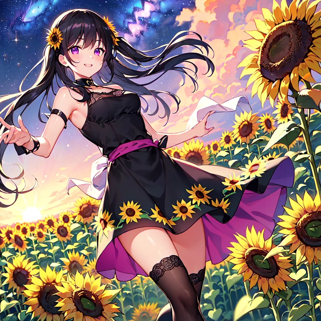 MASTERPIECE, best quality, high quality, extremely detailed, very delicate and beautiful, (female 18 years old, alone solo: 1.2), (long black hair, two-side up to waist: 1.4), fringes to eyebrows, eyes ocular. sharp strong glossy twinkle eyes, glossy eyebrows, (eye colour magenta:1.2), 6.5 head height, (sunflower print dress:1.3), sunflower hairpiece, knee socks, lace, frills, (smiling), (running), (dynamic pose), (background sunflower field:1.3), (Milky Way Night Sky: 1.3)