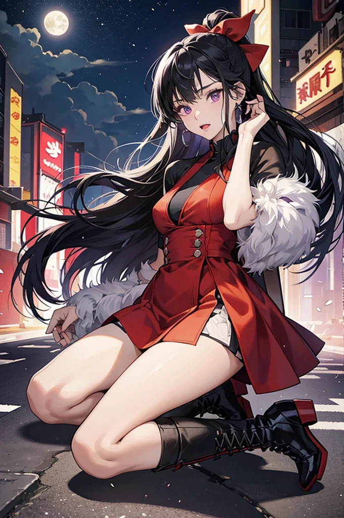 Anime Art、Hong Kong City Streets and Roads、Full body portrait、Modern street killer、Moonlit Ruins、Slim woman, height: about. 155cm, Around , Wearing a black mini dress, Holding a baseball bat and swinging it、Black over-the-knee socks、Ponytail Hairstyles、The eyes are covered by the bangs、Black Hair、Wearing a red hat、Open your mouth, a vague look、Purple eyes、gloves、stockings、boots、She has silver earrings.
