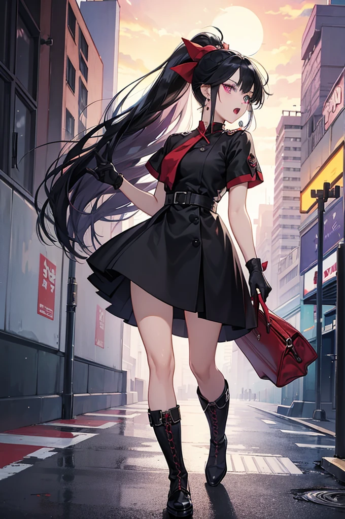 Anime Art、Hong Kong City Streets and Roads、Full body portrait、Modern street killer、Moonlit Ruins、Slim woman, height: about. 155cm, Around , Wearing a black mini dress, Holding a baseball bat and swinging it、Black over-the-knee socks、Ponytail Hairstyles、The eyes are covered by the bangs、Black Hair、Wearing a red hat、Open your mouth, a vague look、Purple eyes、gloves、stockings、boots、She has silver earrings.