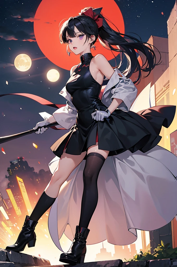 Anime Art、Hong Kong City Streets and Roads、Full body portrait、Modern street killer、Moonlit Ruins、Slim woman, height: about. 155cm, Around 15 years old, Wearing a black mini dress, Holding a baseball bat and swinging it、Black over-the-knee socks、Ponytail Hairstyles、The eyes are covered by the bangs、Black Hair、Wearing a red hat、Open your mouth, a vague look、Purple eyes、gloves、stockings、boots、She has silver earrings.